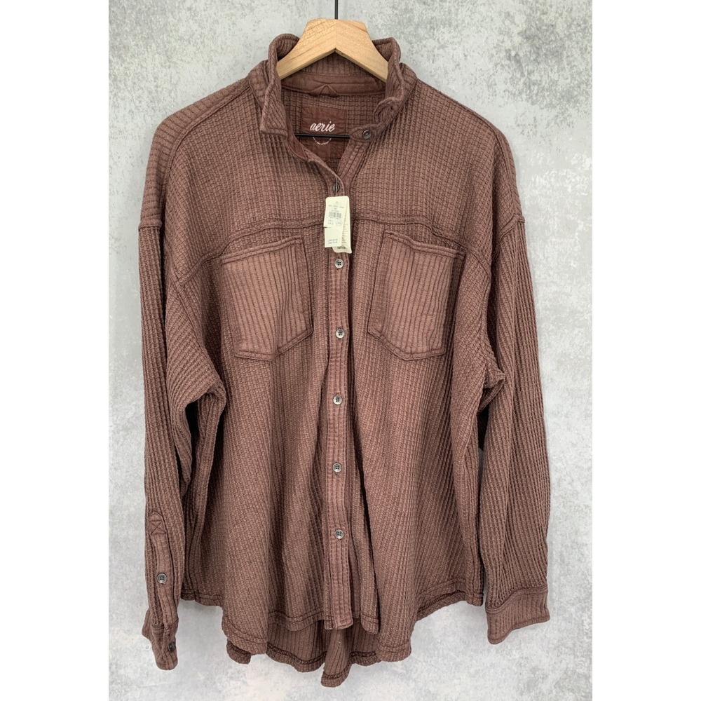 Aerie Waffle Shacket Women Large Mauve Brown Oversized Thermal NEW